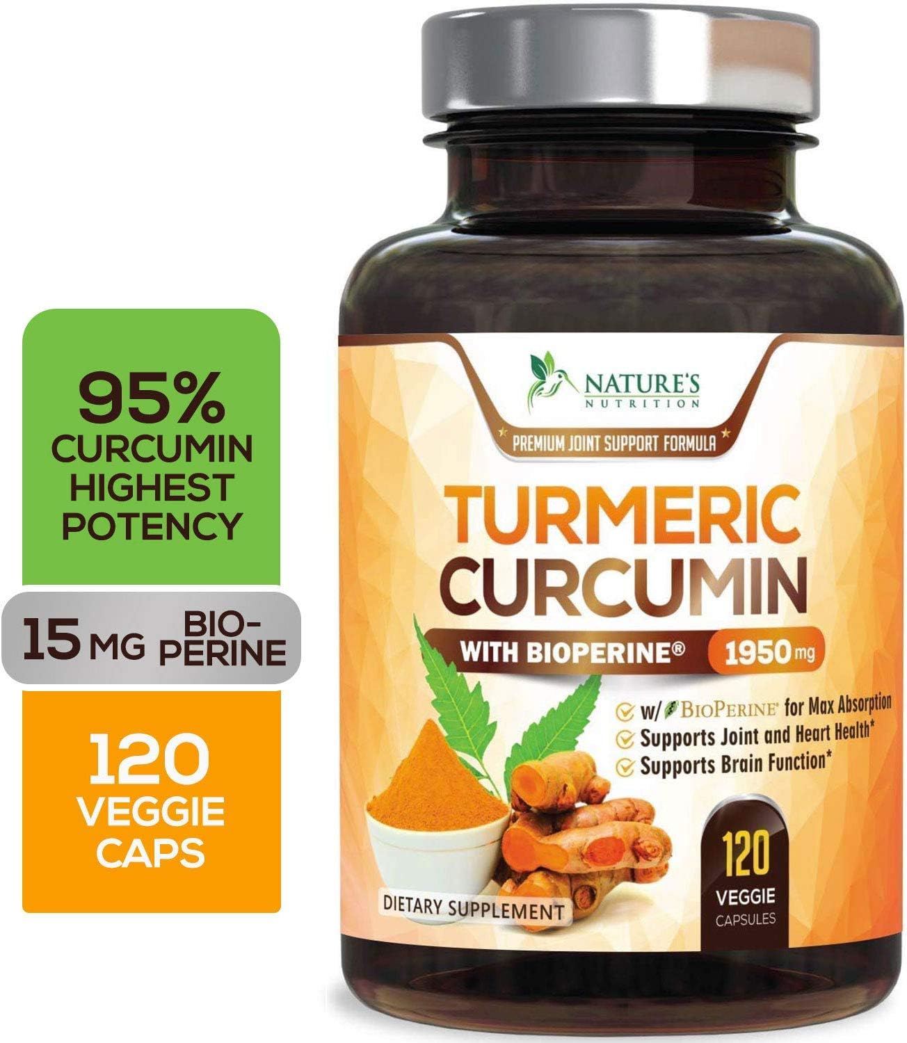 Turmeric Curcumin Highest Potency 95% Standardized Curcuminoids 1950mg with Bioperine for Best Absorption, Made in the USA
