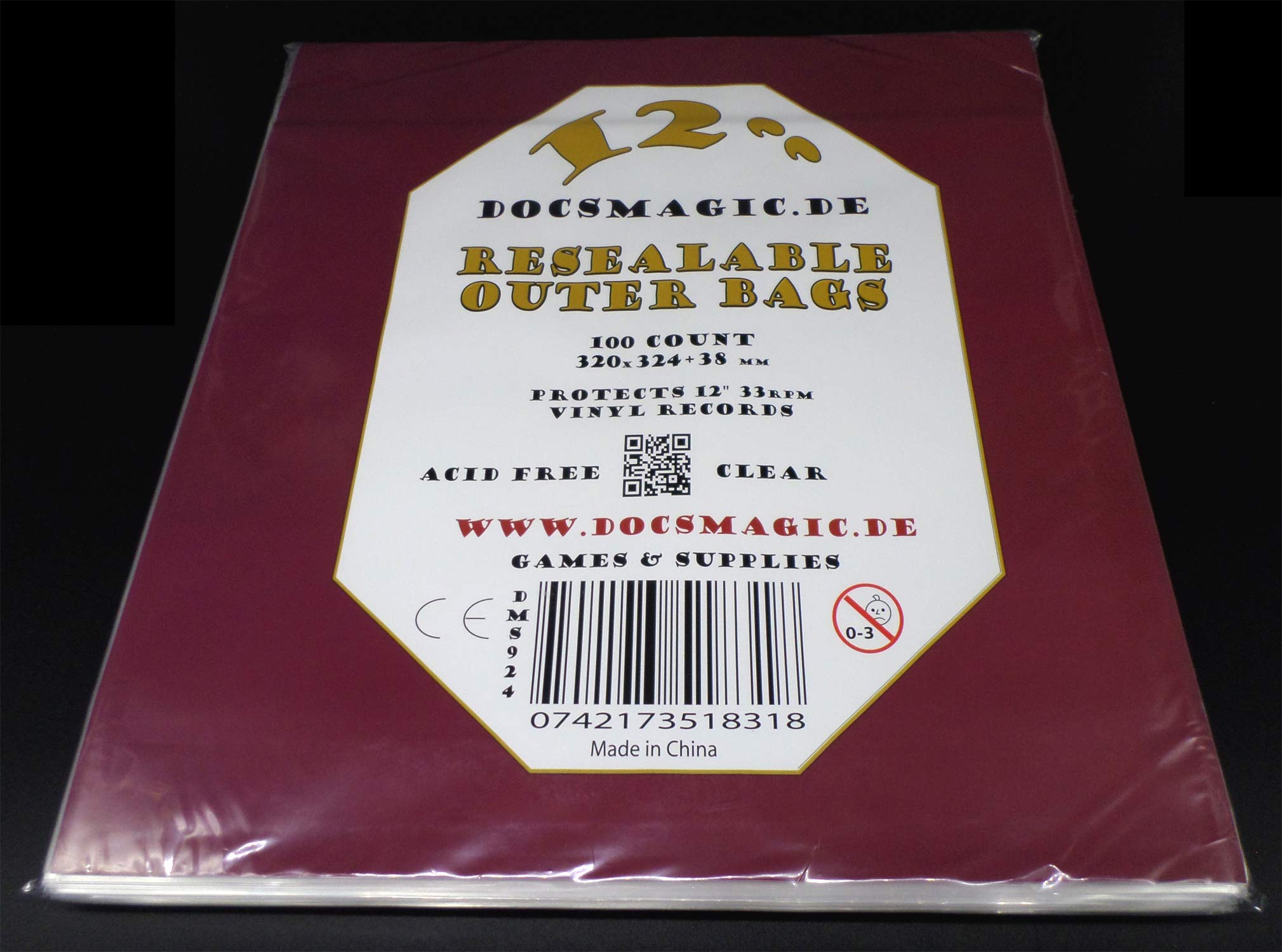 docsmagic.de 100 Resealable Outer Bags for 12" 33rpm Vinyl Records Clear 3 Mil