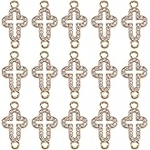 SUNNYCLUE 1 Box 50Pcs Cross Charm Connector Easter Link Charm with Two Loops Rhinestone Alloy Crystal Pave Gold Hollow Pendant Links for Jewelry Making Charms Bracelet Necklace Supplies DIY Craft