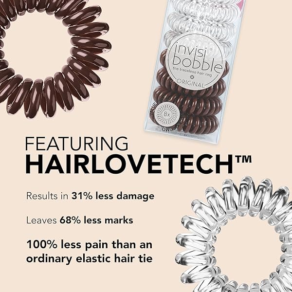 INVISIBOBBLE ORIGINAL TRACELESS SPIRAL HAIR TIES – PACK OF 8, CRYSTAL CLEAR AND PRETZEL BROWN – STRONG ELASTIC GRIP COIL ACCESSORIES FOR WOMEN – NON SOAKING – GENTLE FOR GIRLS TEENS AND THICK HAIR