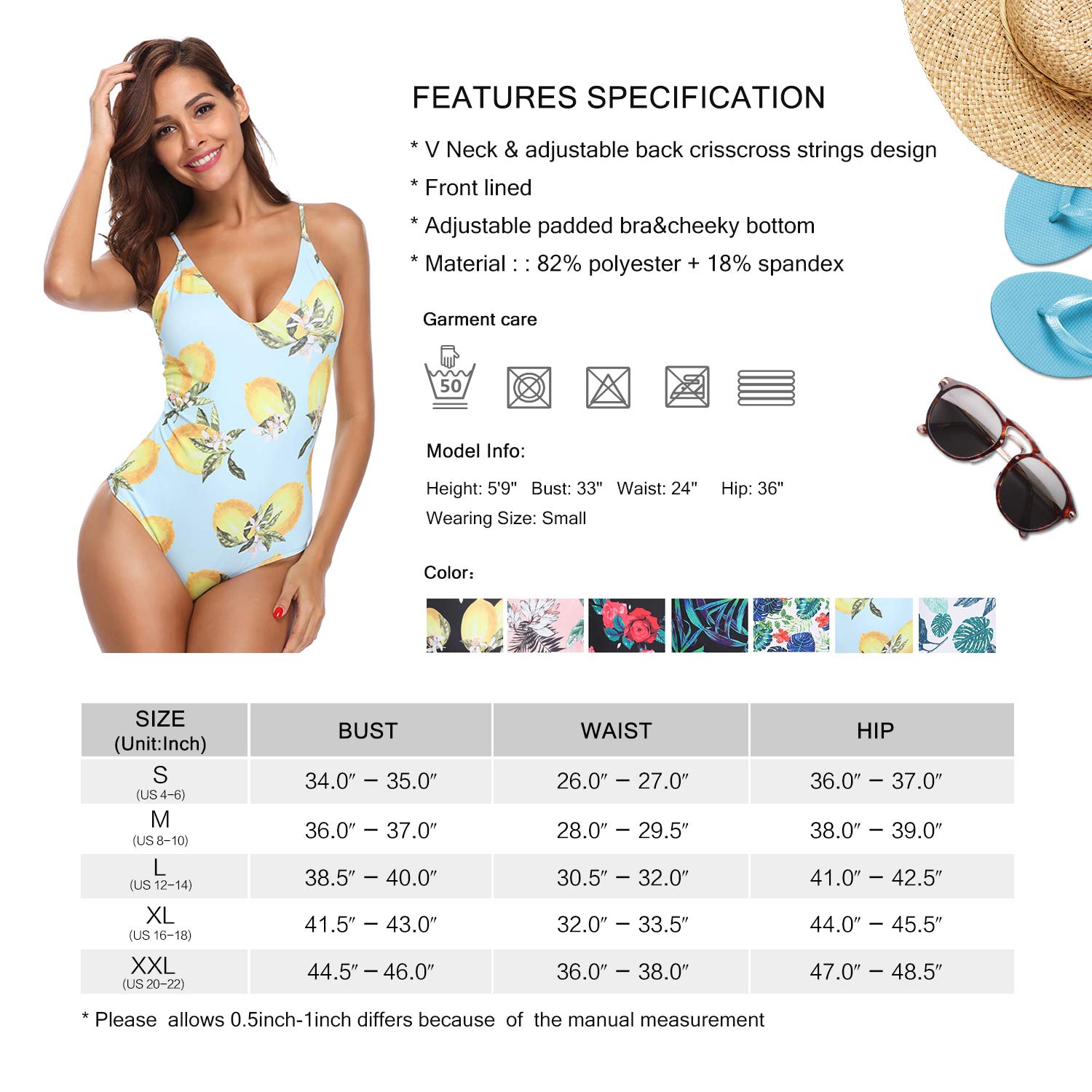 MarinaVida Women V-Neck One Piece Swimsuit Floral Print Bathing Suit