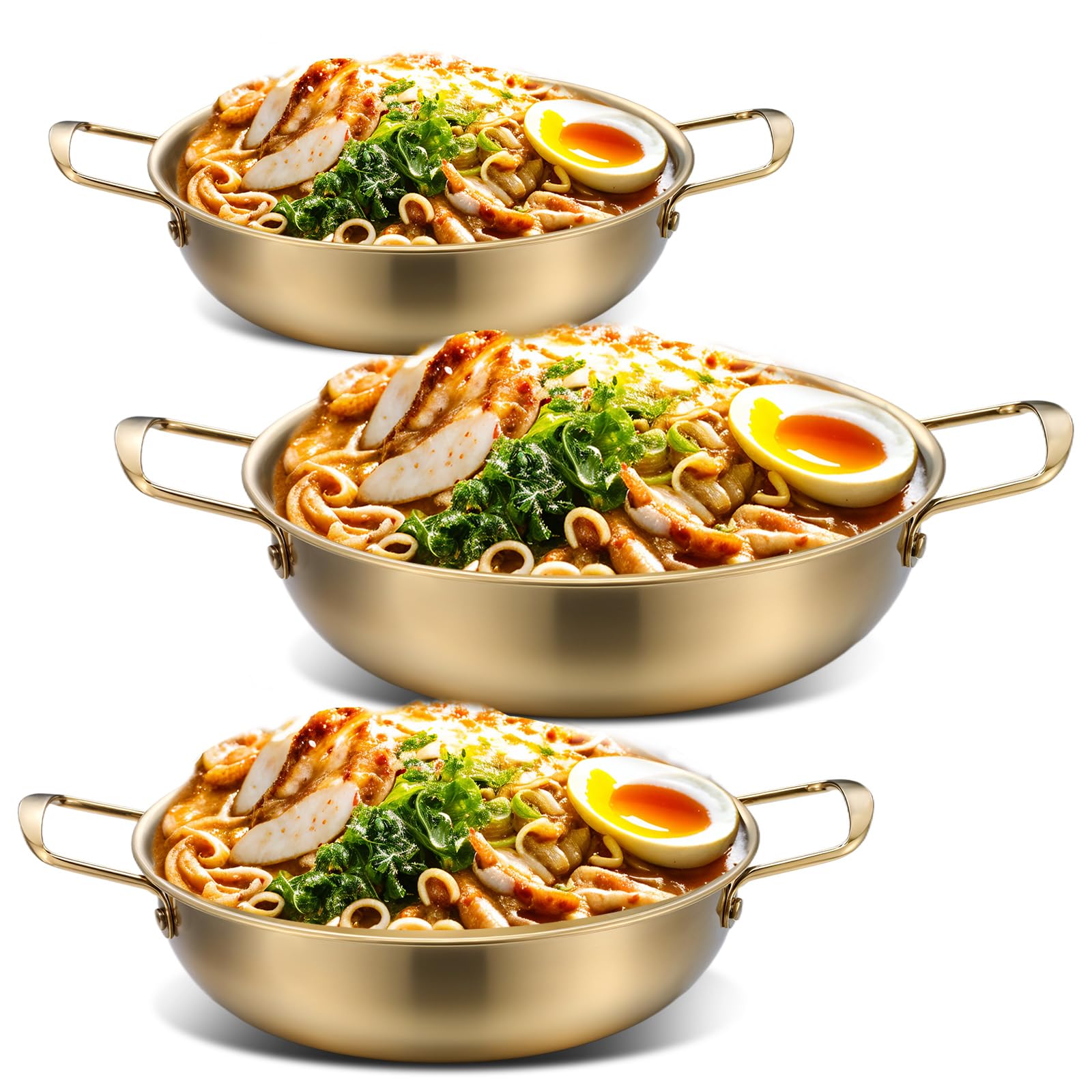 Photo 1 of 3 Pcs Korean Ramen Noodle Pot with Handles, Stainless Steel Everyday Pan, Golden Korean Cooking Pot for Soup, Noodle, Pasta, Home and Outdoor, Dishwasher Safe, Size 7", 8.7", 9.5"