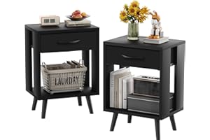 GYIIYUO Nightstands Set of 2 with Fabric Storage Drawer and Open Wood Shelf, Side Table with Storage for Bedroom, Night Stand with Drawer for Bedroom, Bedside Tables - Black 24" H