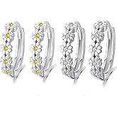 KINGWHYTE Daisy Earrings for Women 925 Sterling Silver Small Daisy Hoop Earrings Hypoallergenic Lucky Flower Huggie Hoop Earrings Christmas Birthday Jewelry Gifts for Wife Daughter 2 Pair Set-14mm