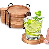 Best Wooden Handle Coasters Set of 4 with Holder Coffee Table Decor Acacia Wood Coaster for Living Room Modern Cup Coaster for Drink Home Kitchen Dining Accessories Bar Farmhouse Outdoor Decorative