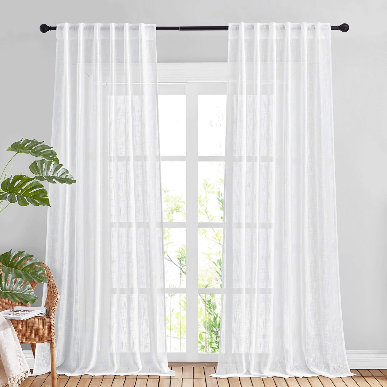 NICETOWN White Sheer Linen Curtains for Living Room, Rod Pocket & Back Tab Sweep to Floor Window Treatments Semi Sheer Drapes Privacy for Patio Door/Hall, 2 Panels, W52 x L95