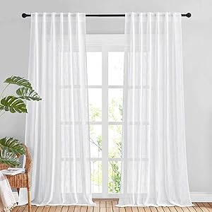 NICETOWN White Sheer Linen Curtains for Living Room, Rod Pocket & Back Tab Sweep to Floor Window Treatments Semi Sheer Drapes Privacy for Patio Door/Hall, 2 Panels, W52 x L95