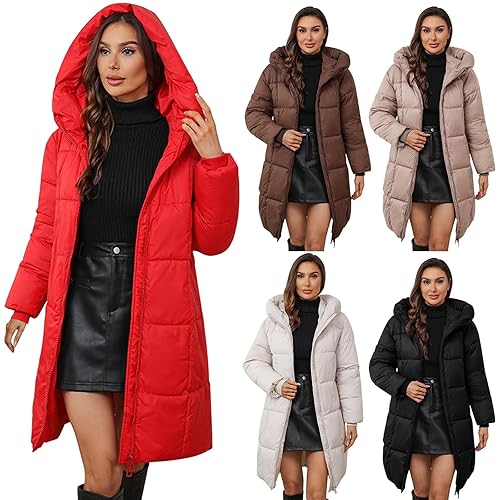 Winter Coats For Women Uk Padded Thick Lightweight Down Jacket Women With Hood Solid Color Winter Warm Long Puffer Coats Slim Fit Long Sleeve Quilted Jacket With Pockets Waterproof Parka Coat