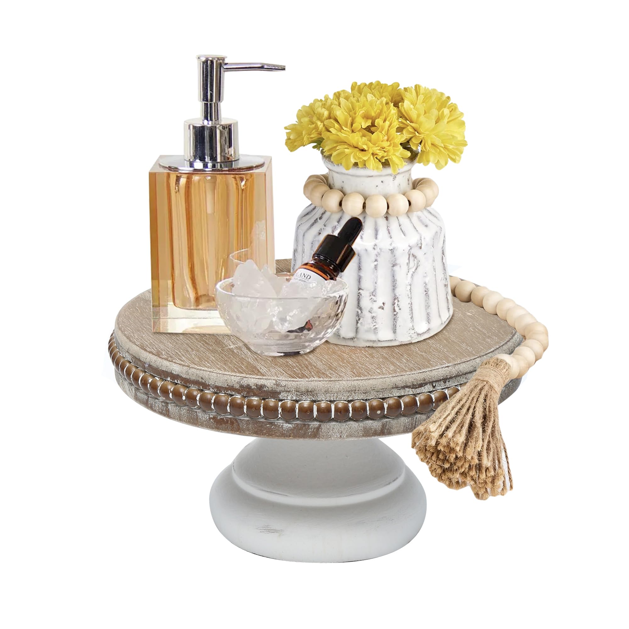 Photo 1 of **White paint chipped off all over** White Wash Round Display Wood Riser, 8.25” Shabby Chic Pedestal Tray Decor with Beads, Farmhouse Display Stands for Small Items in Coffee Bar, Bathroom, Kitchen Island