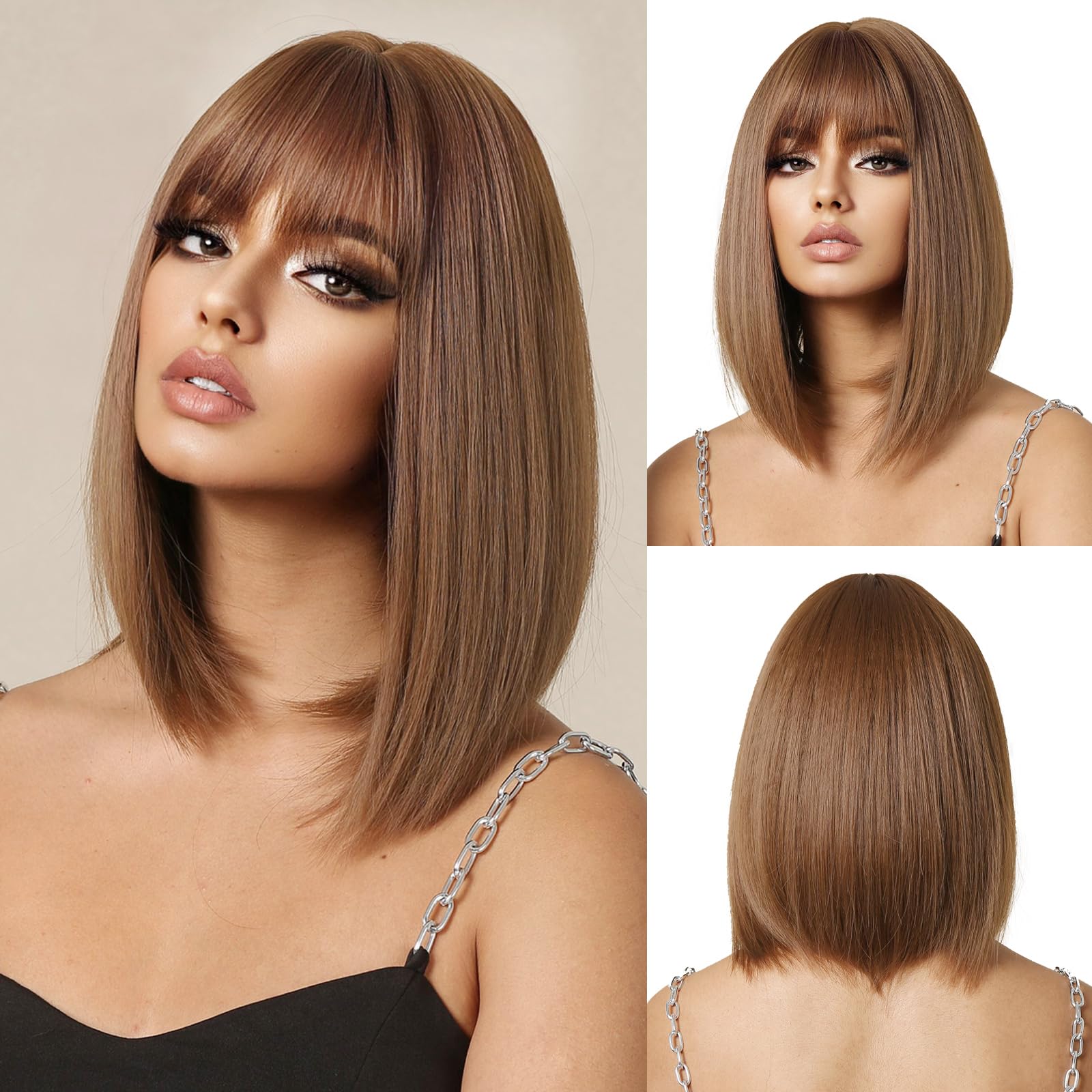 OUFEI Brown Bob Wig With Bangs Short Straight Wig For Women Synthetic Hair Wigs for Daily Party Cosplay Wear โ image 1