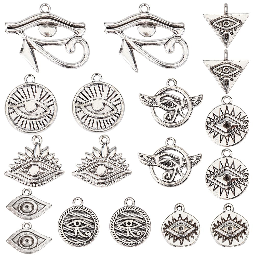 SUNNYCLUE 1 Box 72Pcs Egyptian Charms Tibetan Style Eye of Horus Charms Flat Round Evil Eye Triangle Eye Charm Eye of Ra Re Alloy Charms for jewellery Making Charm Necklace Bracelet Earrings DIY Craft