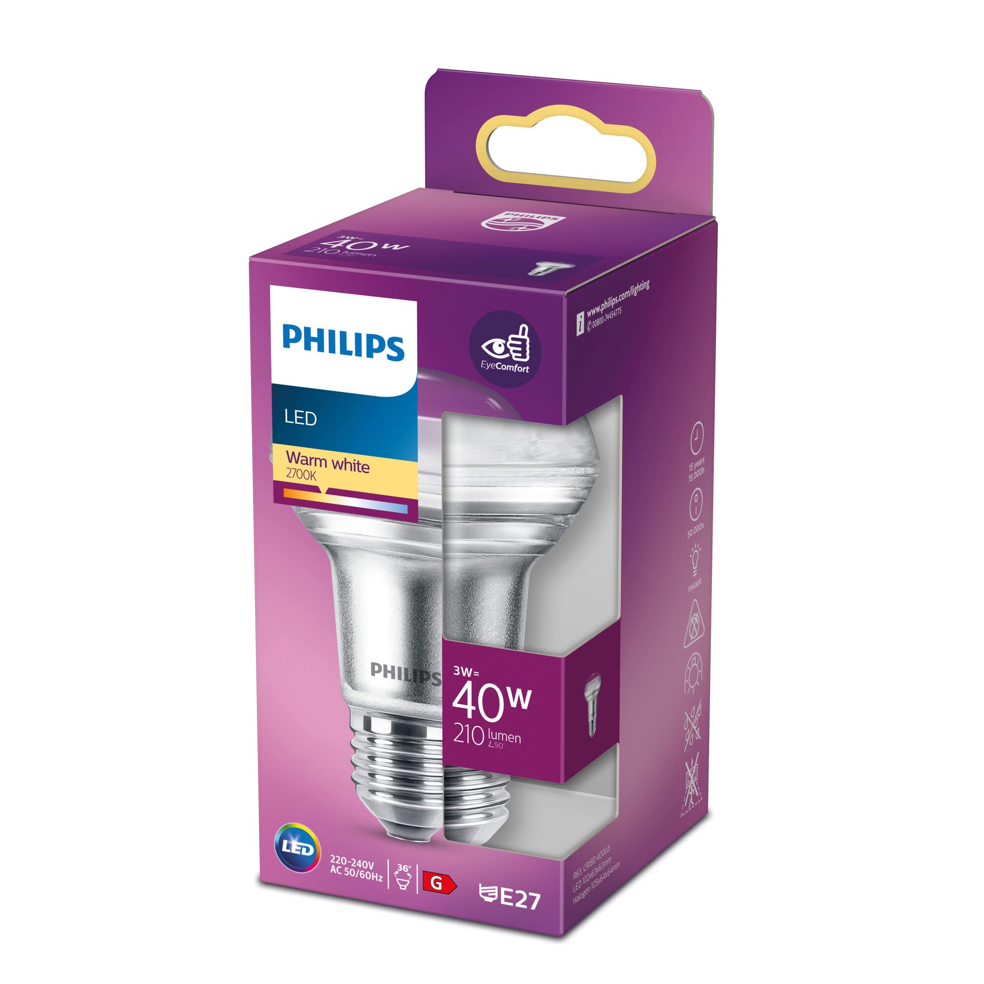 Philips LED Premium Classic Reflector Light Bulb [E27 Edison Screw] 3W - 40W Equivalent, Warm White (2700K), Non-Dimmable