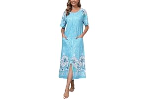 Rubehoow Robe for Women Zipper Bathrobe Short Sleeve Mumu Nightgown Full Long Lounge Robe with Pockets