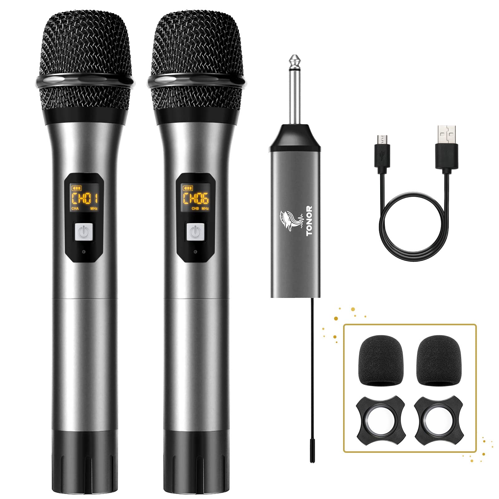TONOR TW630 Wireless Microphone, UHF Dual Cordless Metal Dynamic Mic System with Rechargeable Receiver, for Karaoke Singing, Wedding, DJ, Party, Speech, Church, Class Use, 60 m,Silver