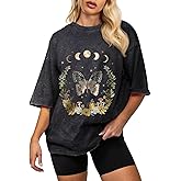 Flafens Oversized Acid Wash Vintage T Shirts for Women - Graphic Tees Womens Retro Cotton Cute Cool Loose Tshirts Teens Girls