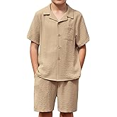 Arshiner Boys 2 Pieces Summer Beach Outfits Short Sleeve Button Down Shirts and Shorts Vacation Texture Sets for Kids