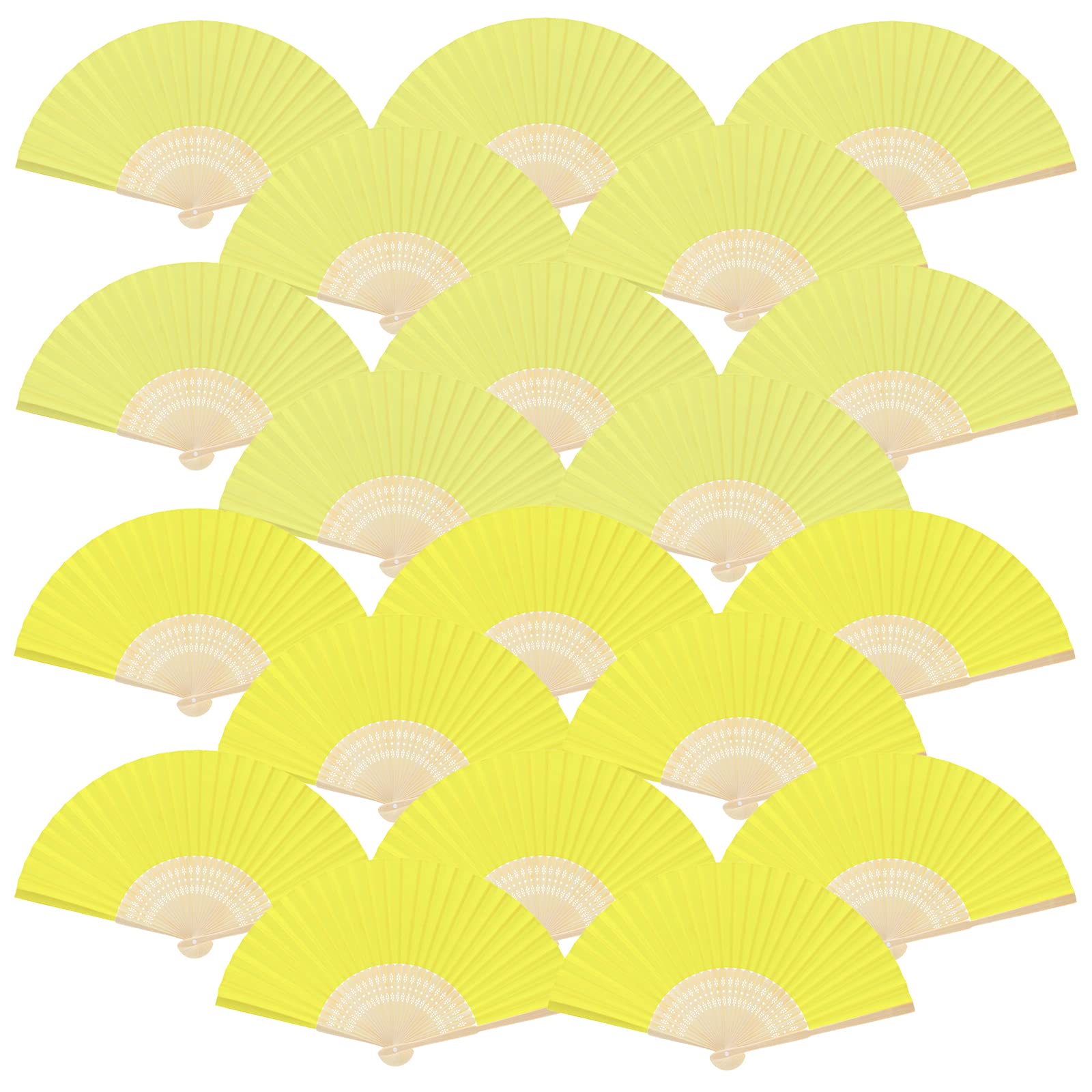 FEPITO 20 Pieces Handheld Yellow Paper Fan Paper Folding Fans with Bamboos for Wedding Gift, Party, Home — image 1
