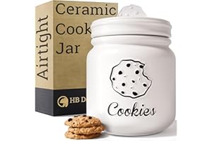 HB Design Co. Cookie Jar with Airtight Lid - 6" D x 8" H Matte White Ceramic Cookie Jar with Rubber Lined Lid - Large Cookie 