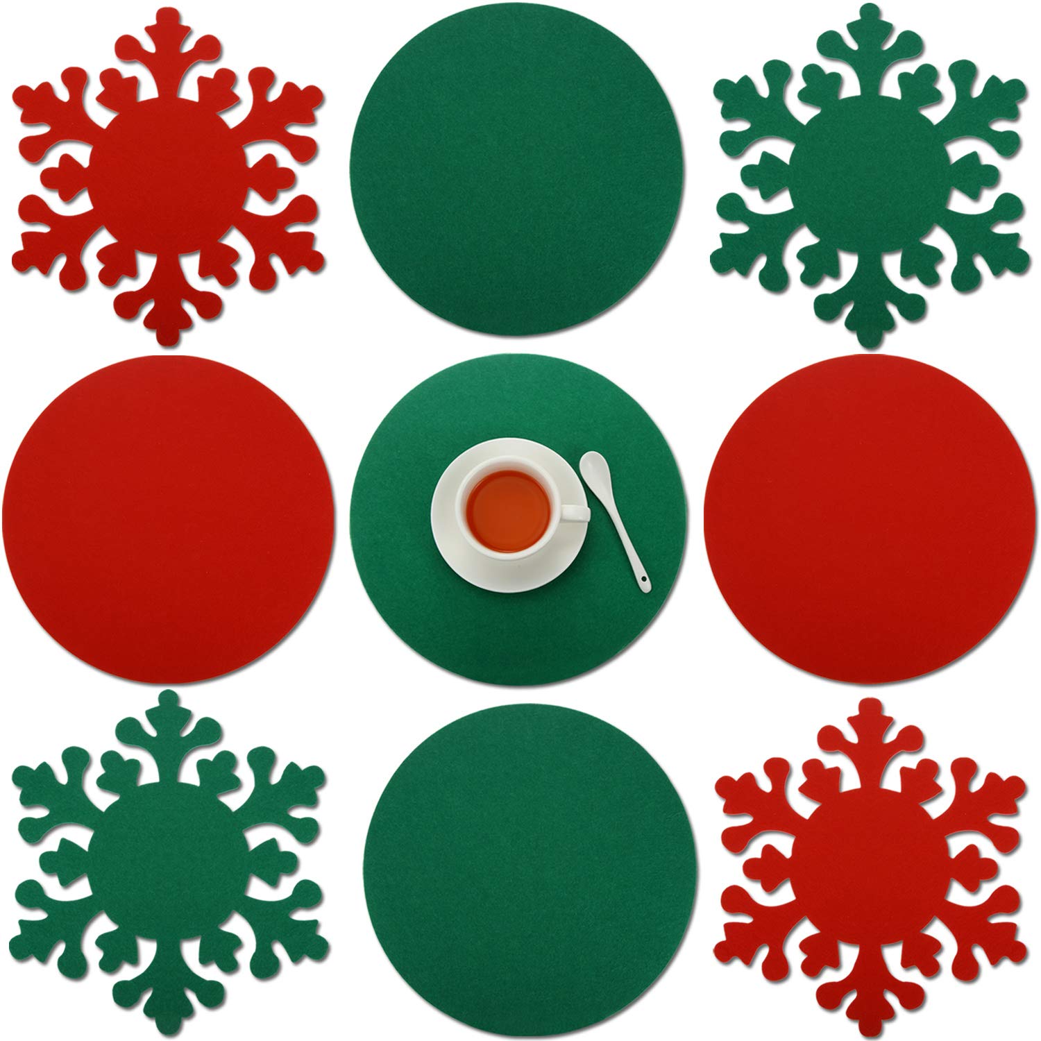 Photo 1 of Boao 8 Pcs Christmas Placemats and Coaster Set 12 Inch Xmas Snowflake Round Felt Table Mat Red Green Dinner Mat Heat Insulation Non-Slip for Table Floor Protection Kitchen Dining Decoration