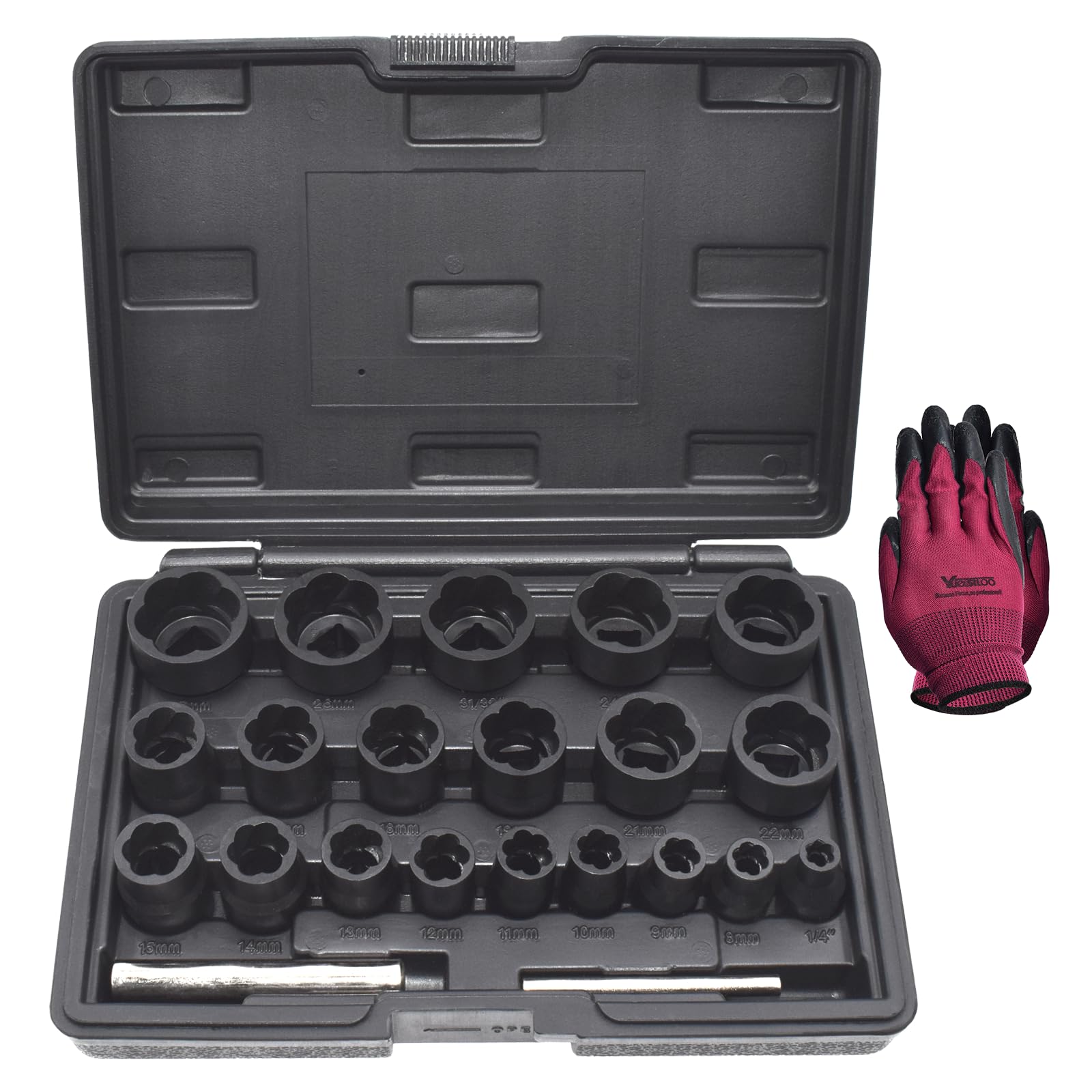 Photo 1 of 22 Pcs Bolt Nut Extractor Set, Yuesstloo 1/2" and 3/8" Drive Wheel Lock Removal Kit for Extracting Damaged, Stripped Frozen Nuts & Screws Twist Socket Set, Impact Lug Nut Remover Socket Tool