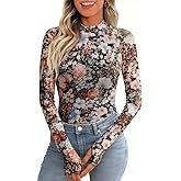 Floral Mesh Long Sleeve Lace Sheer Mockneck Trendy Cute Going Out Tops for Women Fall Fitted Sexy Fashion Outfits Clothes
