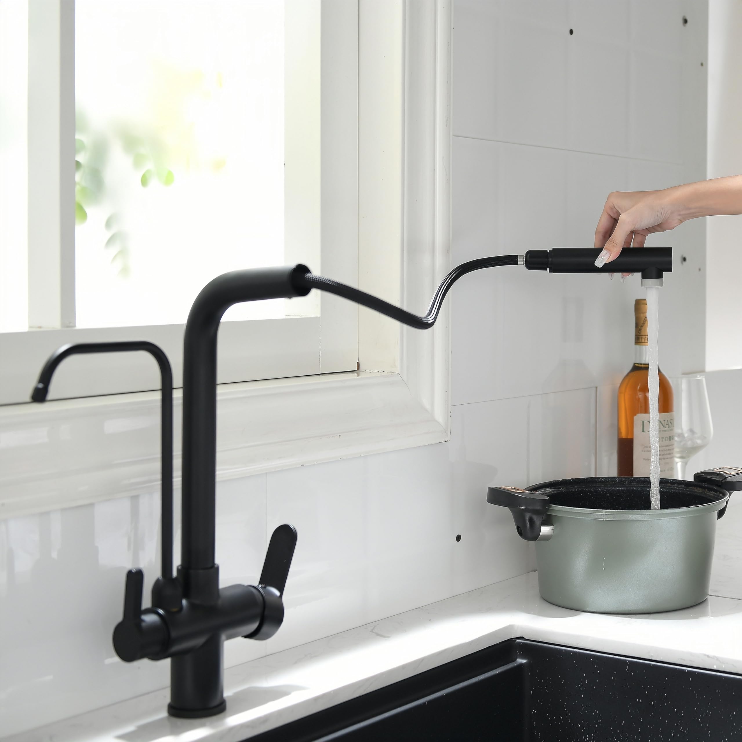 3 Way Kitchen Sink Tap with Pull Out & Down Sprayer, 3 in 1 Water Filter Tap - Black