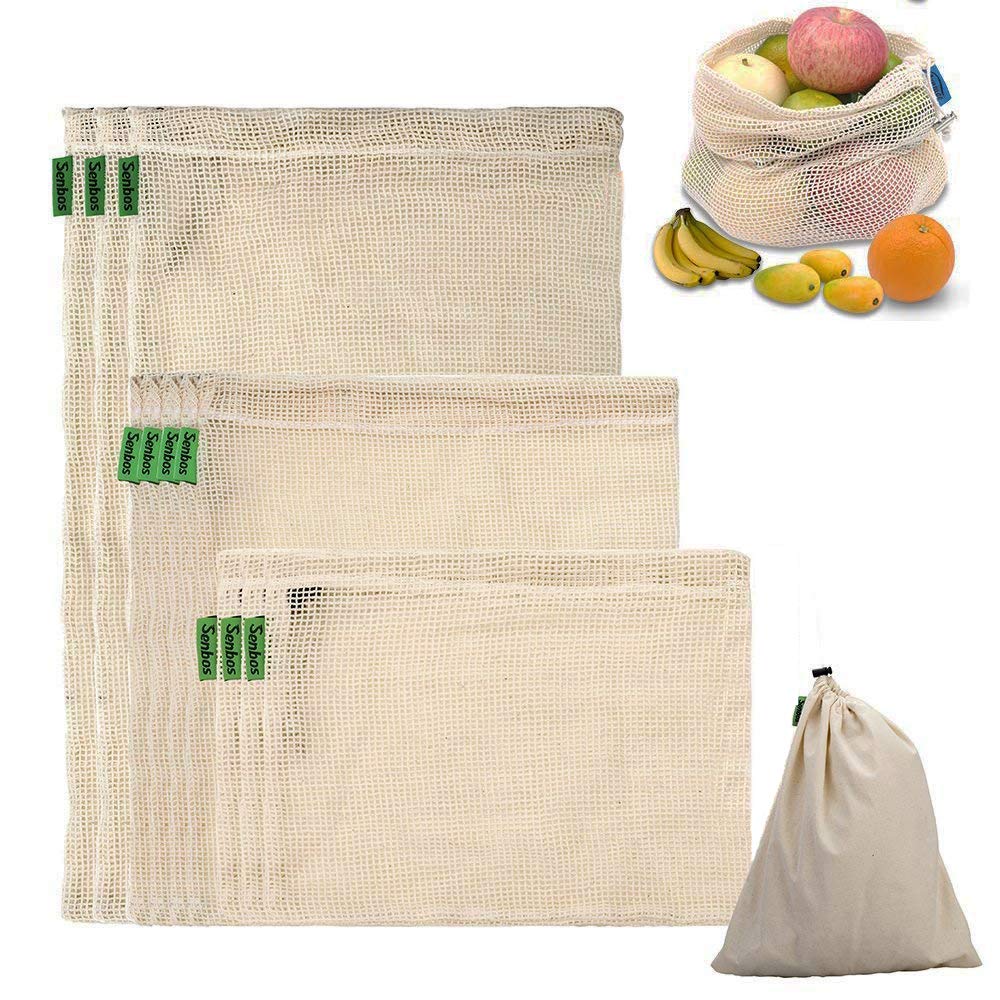 Ubitree Gemüsebeutel ,Mesh Cotton Produce Tasche, die organisch, natürlich, einfach zu reinigen, Zero-Waste,Wiederverwendbar Einkaufstaschen aus Baumwolle/Gemüsenetze Set von 11 (3 kleine, 4 mittlere, 3 große,1 Aufbewahrungstasche).