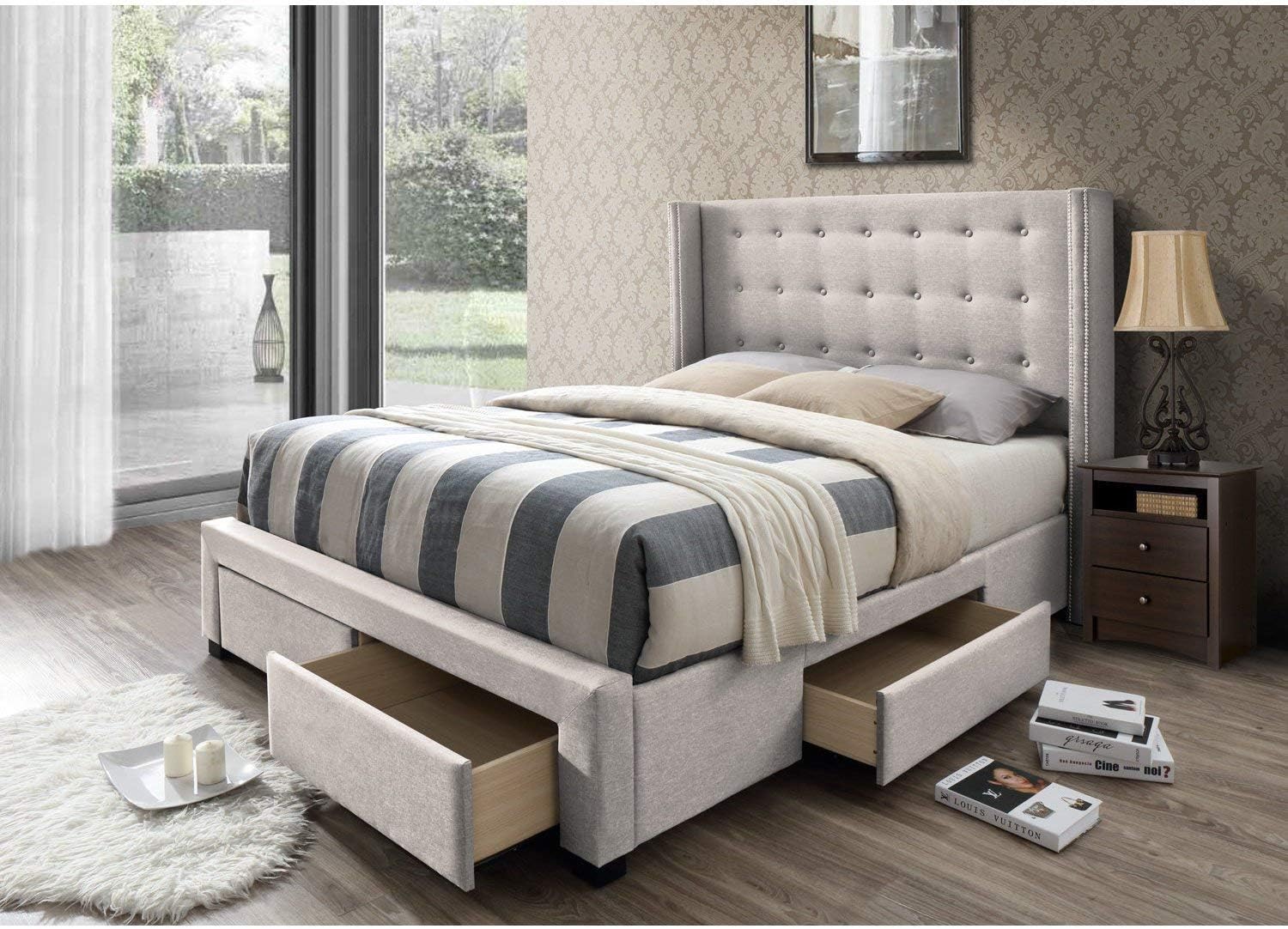 DG Casa Savoy Tufted Queen Beige Linen Wingback Storage Bed Queen