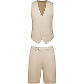Dbutiy Mens 2-Piece Linen Summer Suit - Beach Wedding Guest Outfit with Vest and Shorts Set