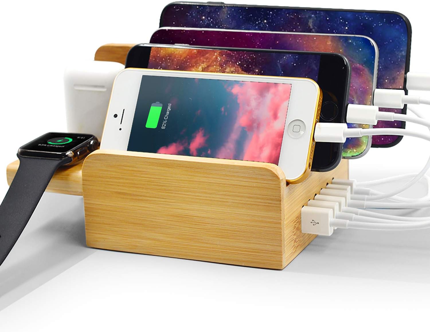 Amazon Com Charging Station Wxtools 6 Port Bamboo Organizer Wood Usb Charger Station Desk Dock Holder Stand Accessories For Multiple Devices Compatible With Watch Airpods Phone Tablet