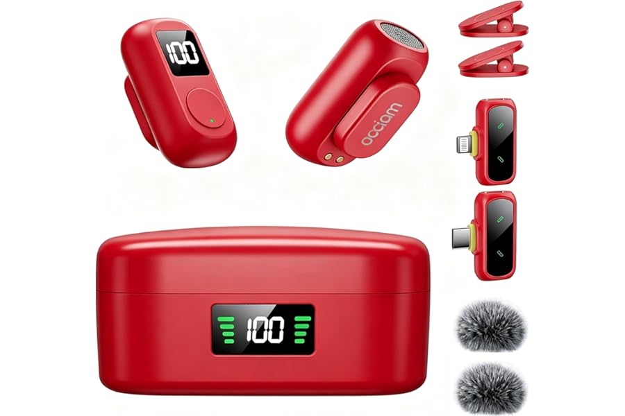 occiam Mini Lavalier Microphone for iPhone & Android TikTok YouTube Vlog Podcast Video Recording Cherry Red
