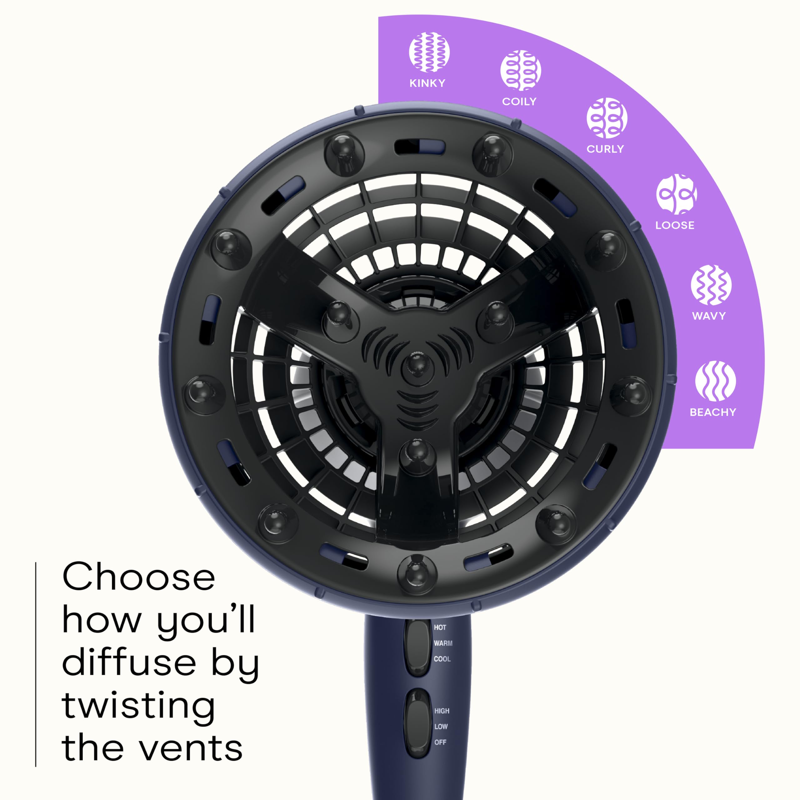 INFINITI PRO CONAIR Hair Dryer with Innovative Diffuser, Enhances Curls and Waves While Reducing Frizz, Dark Blue