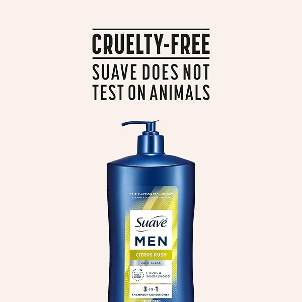 SUAVE MEN CITRUS RUSH DAILY CLEAN 3 IN 1 SHAMPOO, CONDITIONER & BODY WASH WITH GLYCERIN & KERATIN HYDRATES & SMOOTHS HAIR, CITRUS SCENT, 4 COUNT, 40 FL OZ PUMP