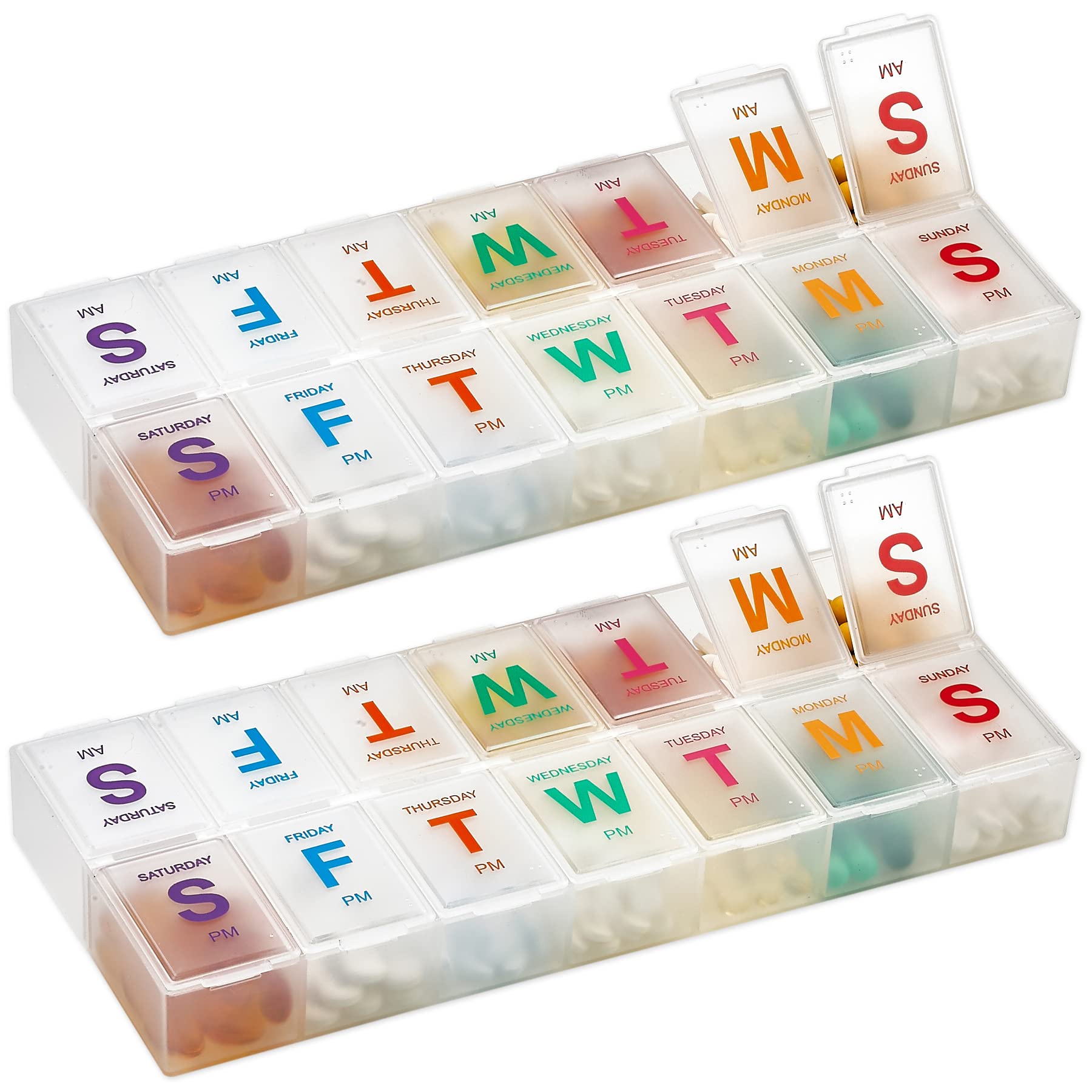 Large Weekly Pill Organizer - (2 Pack) AM PM Pill Box - XL 7 Day Pill Organizer 2 Times A Day and Daily Case for Medication, Supplements with Braille, Bright, Easy to Read