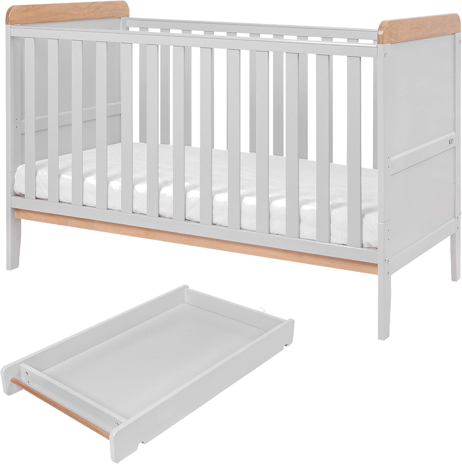 Tutti Bambini - 3 in 1 Convertible Baby Cot Bed Toddler Bed and Matching Cot Top Baby Changer White Rio Wooden Cot Bed /& Cot Top Changer