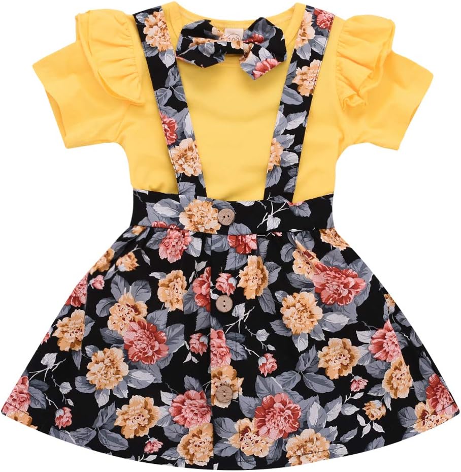 Toddler Girls Outfits 3pcs Baby Romper Clothes Set Girl Floral Jumpsuit+Strap Skirt Outfits