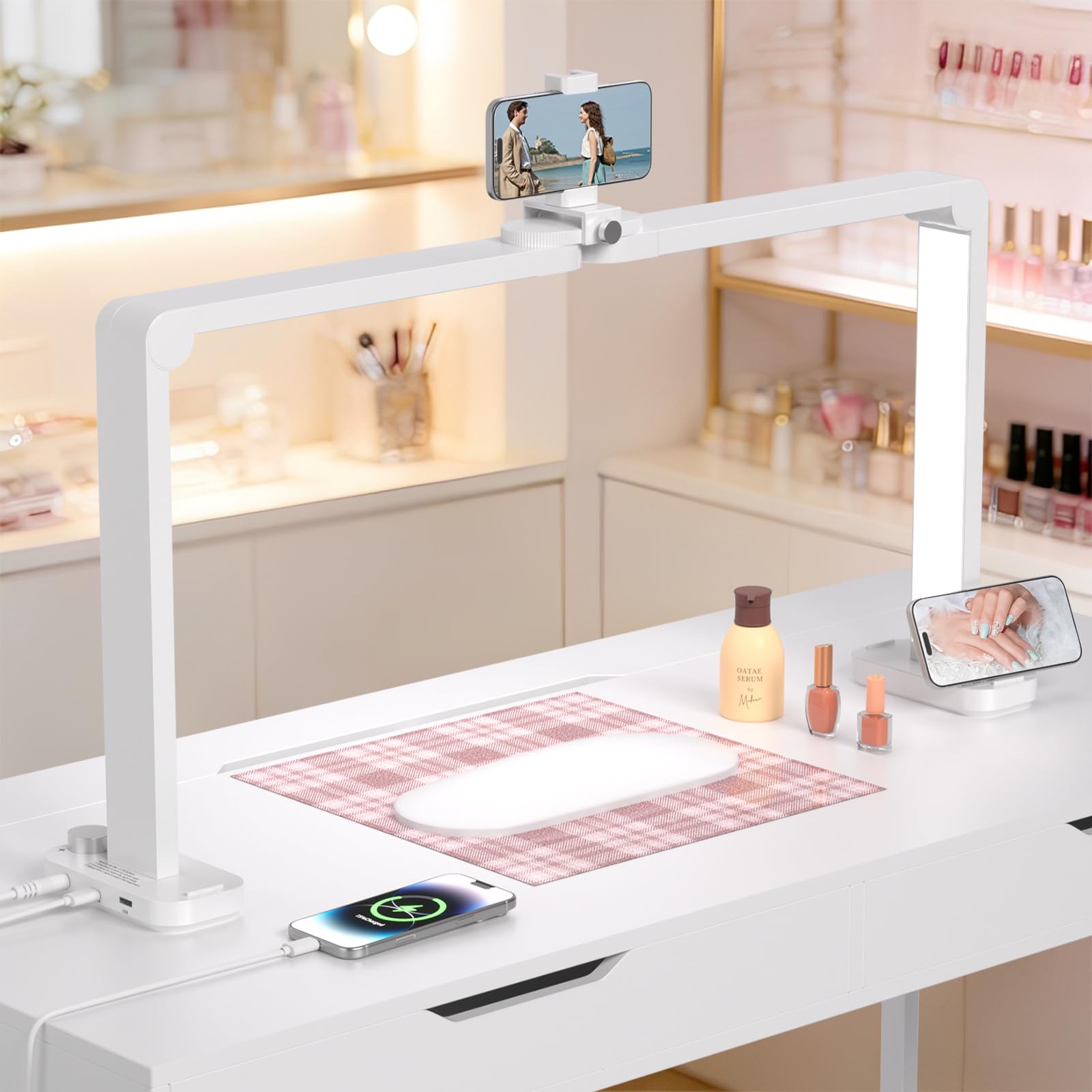 Photo 1 of Haosegd Half Moon Light for Nail Desk with Phone Holder, Large Square Nail Lamp for Desk, Professional Manicurist Desktop Lamp, LED Light Suitable for Manicures, Tattoos, and Sewing, White