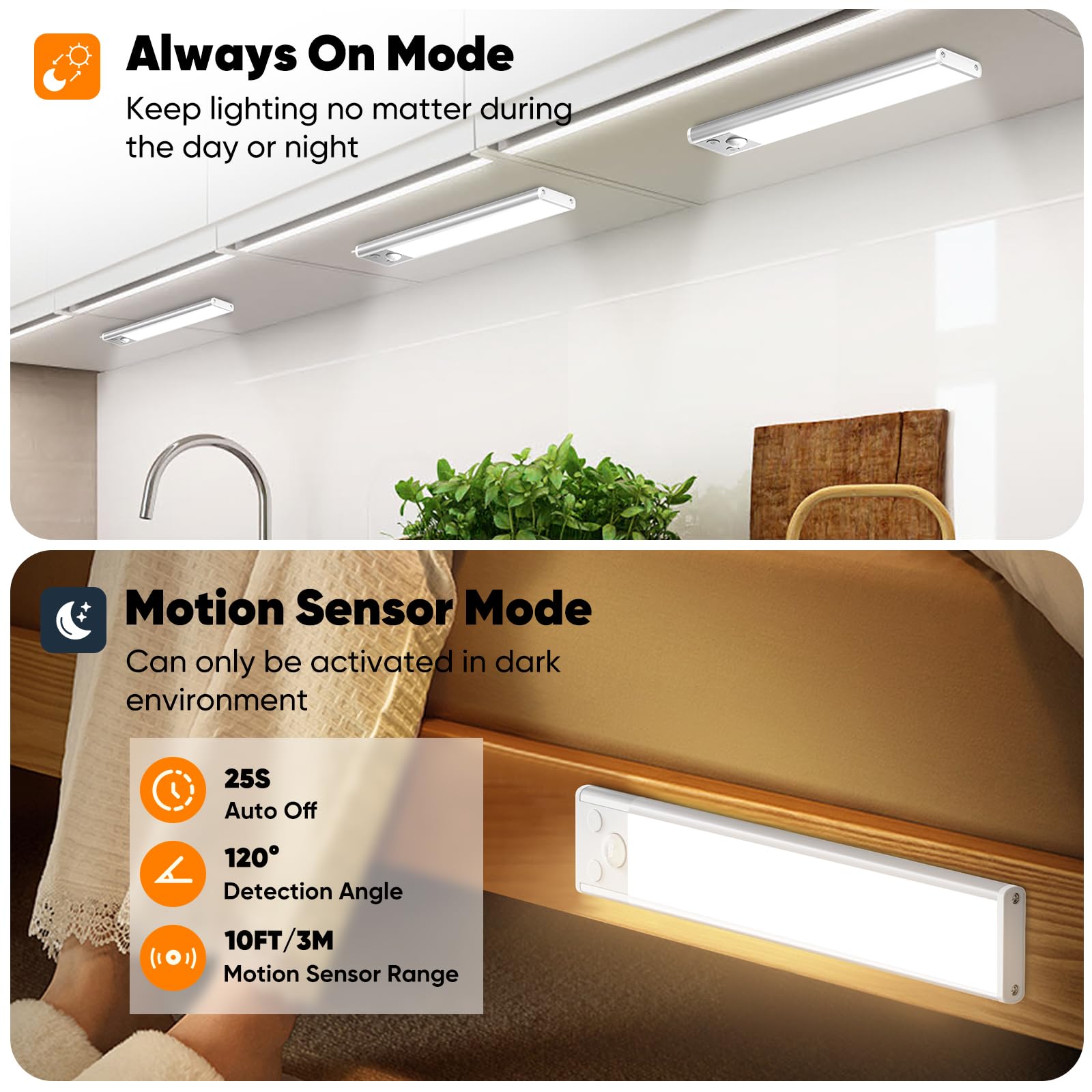 Under Cabinet Lights, 68-LED Rechargeable Battery Operated Motion Sensor Lights Indoor, 1800mAh Magnetic Dimmable Closet Lights, 3 Color Wireless Under Counter Night Lights for Kitchen Stair, 3 Packs