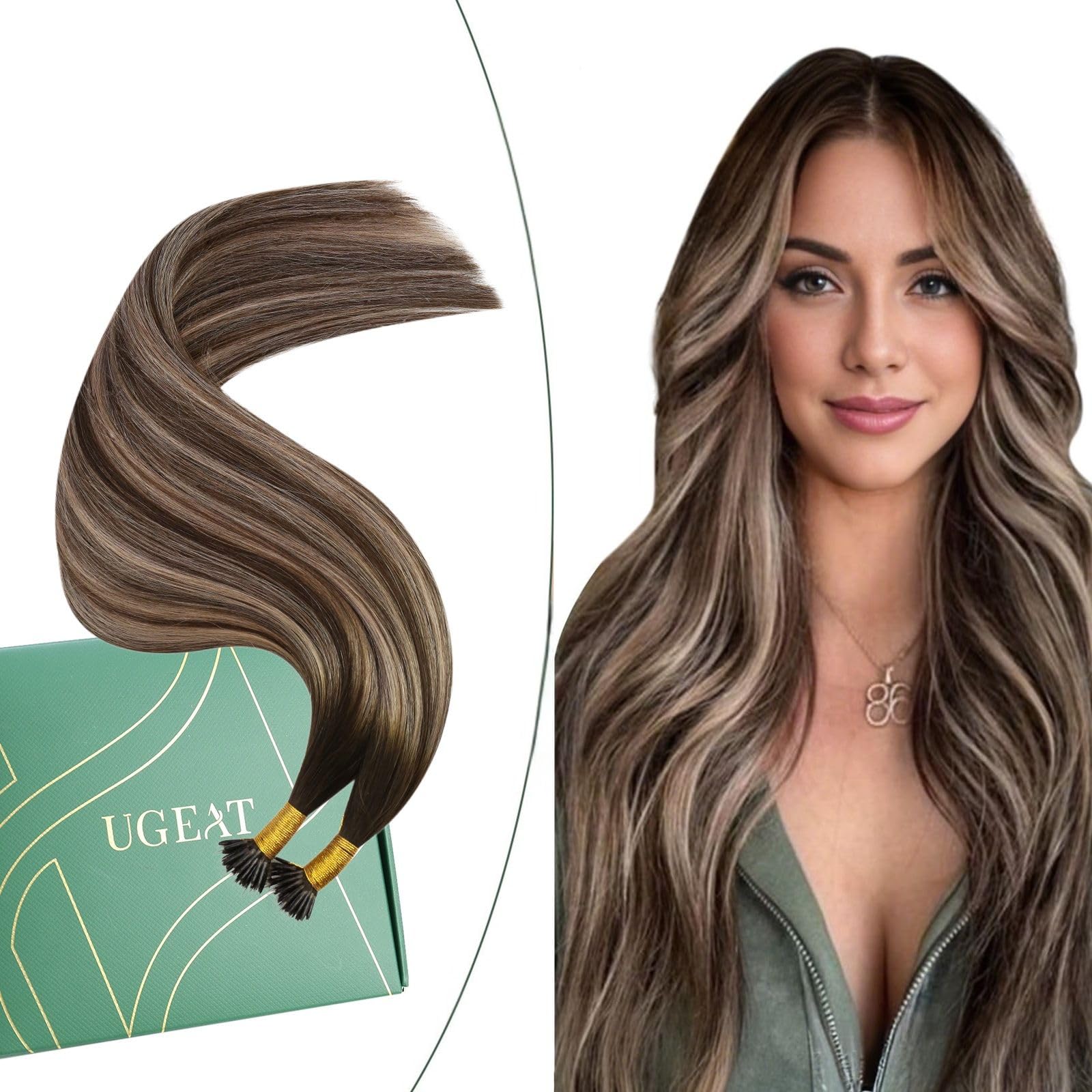 Ugeat Balayage Nano Bead Hair Extensions Human Hair Chocolate Brown Nano Hair Extensions Real Human Hair Ash Brown Ombre 14 Inch 50G 50S #4/18/4 — image 1