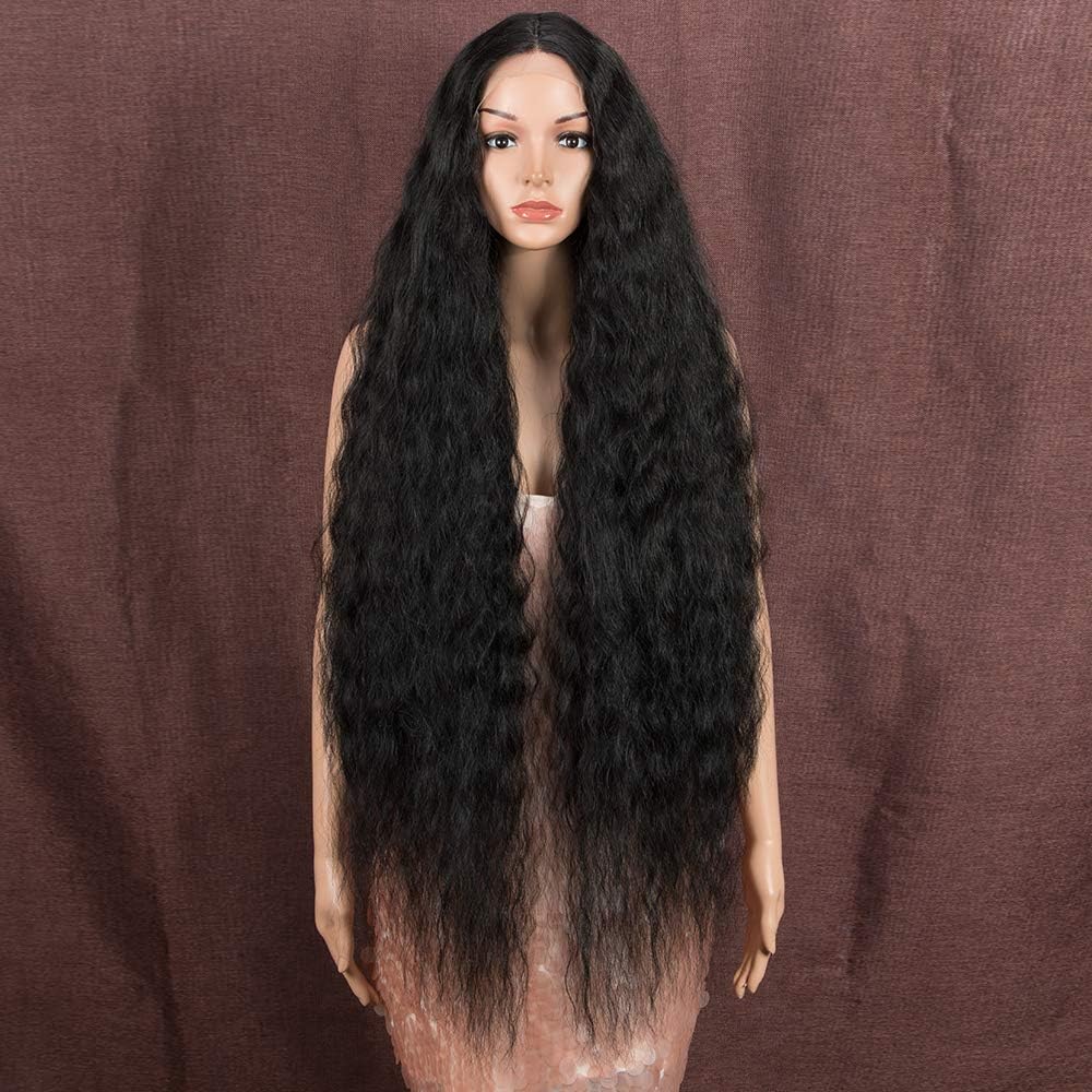 Style Icon 41" Long Wavy Synthetic Wigs Simulated Scalp Lace Front Wigs with Baby Hair Half Hand Tied 130% Density Wigs (1.5"4" Simulated Scalp, 1B)