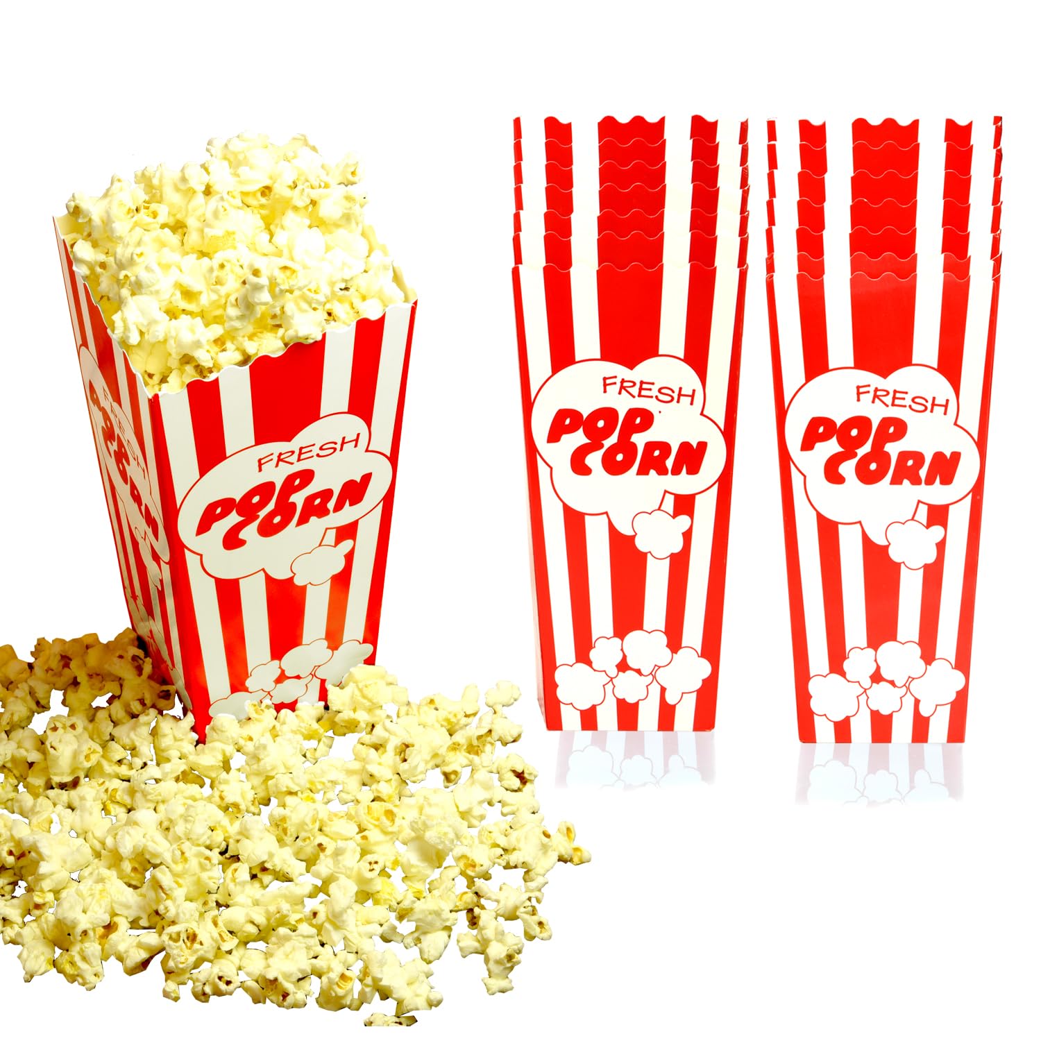 Photo 1 of 15 Movie Night Popcorn Paper Boxes Buckets 7.75 Inches Tall Large & Holds 46 Oz Old Fashion Vintage Retro Party Design Red & White Colored Nostalgic Carnival Stripes Bags & Tubs various qty avail