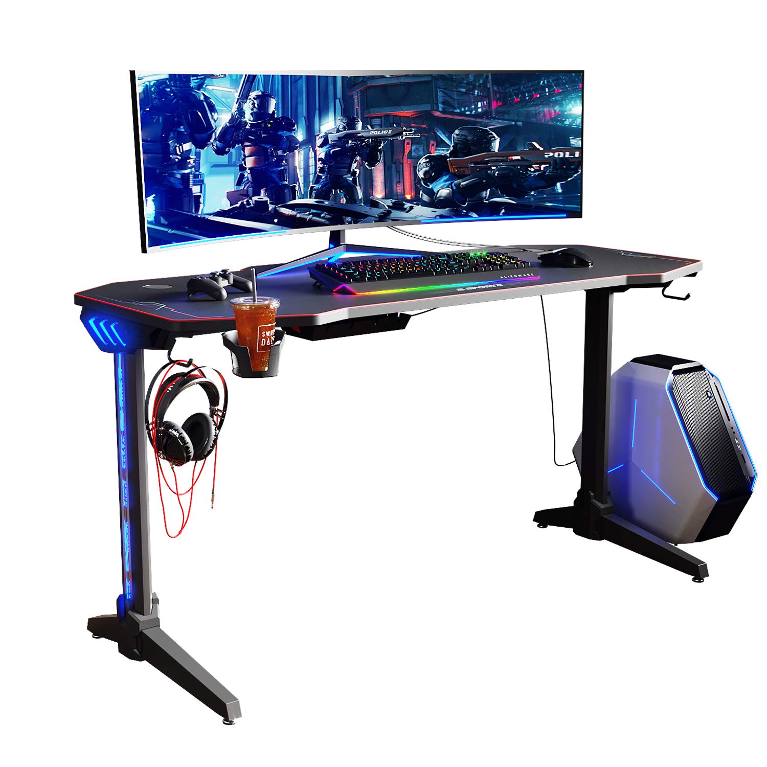 ELEGANT Gaming Desk with Led Lights Gaming Desk 55 inch Computer T