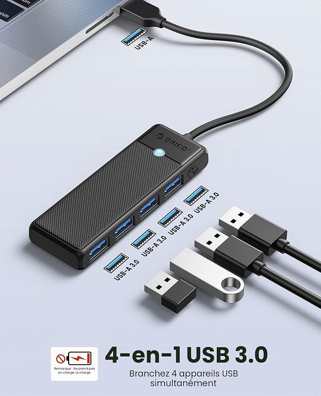 USB Hub 3.0, 4 Ports Distributeur USB avec Câble Long de 100CM, Ultra Slim Type A Data Hub 5Gbps, Adaptateur Multiport pour MacBook, Disque Dur Mobile, Surface Pro, XPS, PS4/PS5, PC