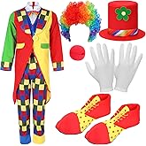Yahenda 7 Pcs Clown Costume Set Halloween Cosplay Clown Red Nose Wig Shoes Hat Accessories Circus Carnival Party