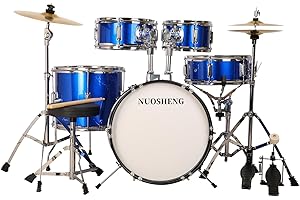 NUOSHENG Kids 5-Piece Complete Junior Drum Set with Genuine Brass Cymbals with 16" Bass Drum, Tom-Tom, Snare, Cymbals, Hi-Tone, Drum Sticks, Base Pedal and Adjustable Throne, Beginner Set Blue