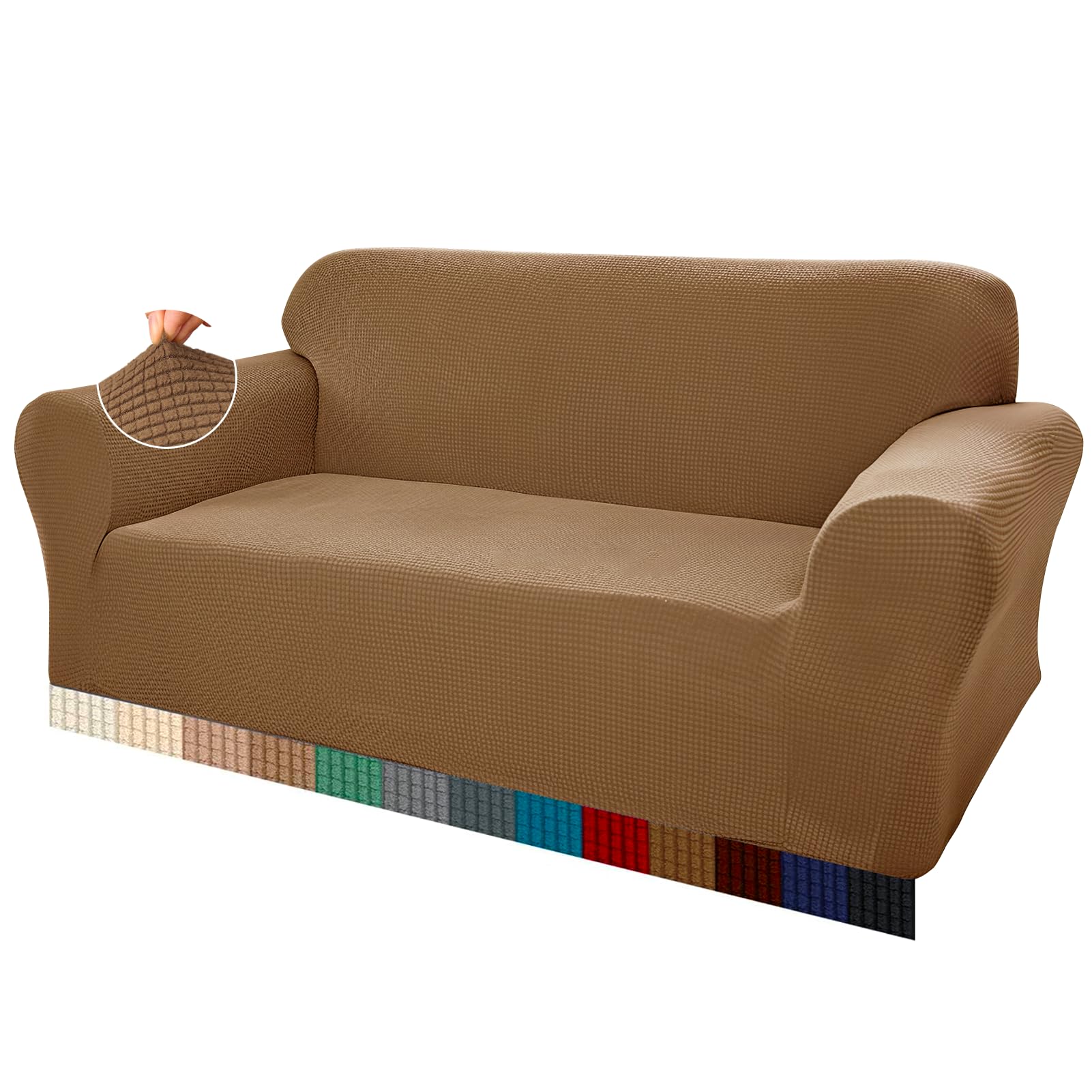 Teynewer High Stretch Sofa Covers 3 Seater Super Soft Stylish Couch Covers for Dogs Pets Cats Jacquard Spandex Non Slip Sofa Slipcover for Living Room Furniture Protector (3 Seater, Camel)