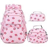DIGOBAY Kids Backpack for Girls, 3PCS Toddler Girls Backpack Set with Lunch Box & Pencil Case, School Bag Cute Bookbag for Preschool Kindergarten Elementary Student Ages 3-12, Pink Strawberry