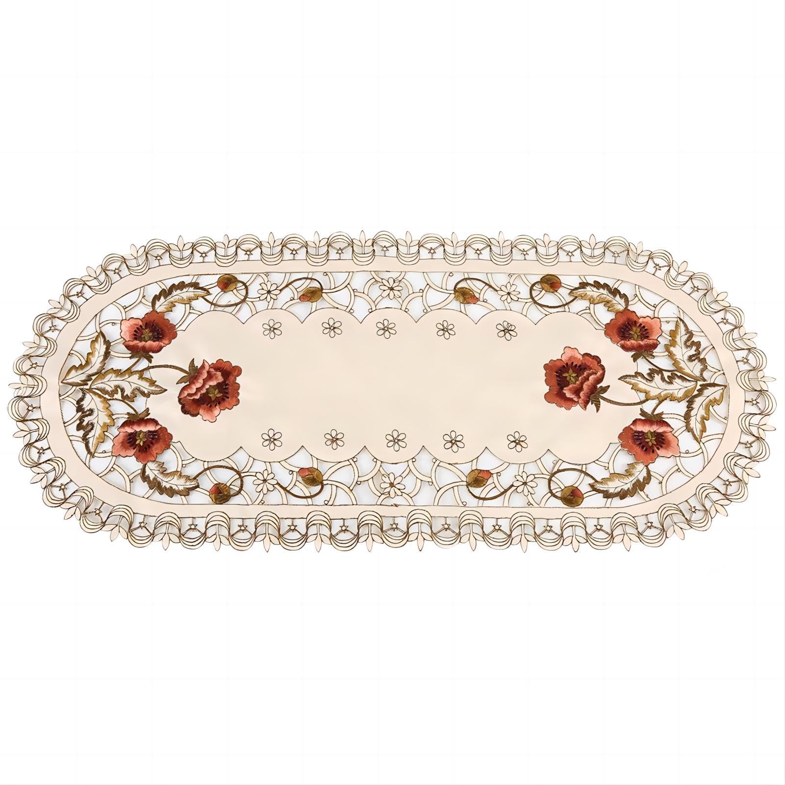 VIFERR Table Runner Hollow Mesh Red Flower Tablecloth Embroidered Table Mats Cover Washable for Wedding Party Home Restaurants 40x85cm (Oval)