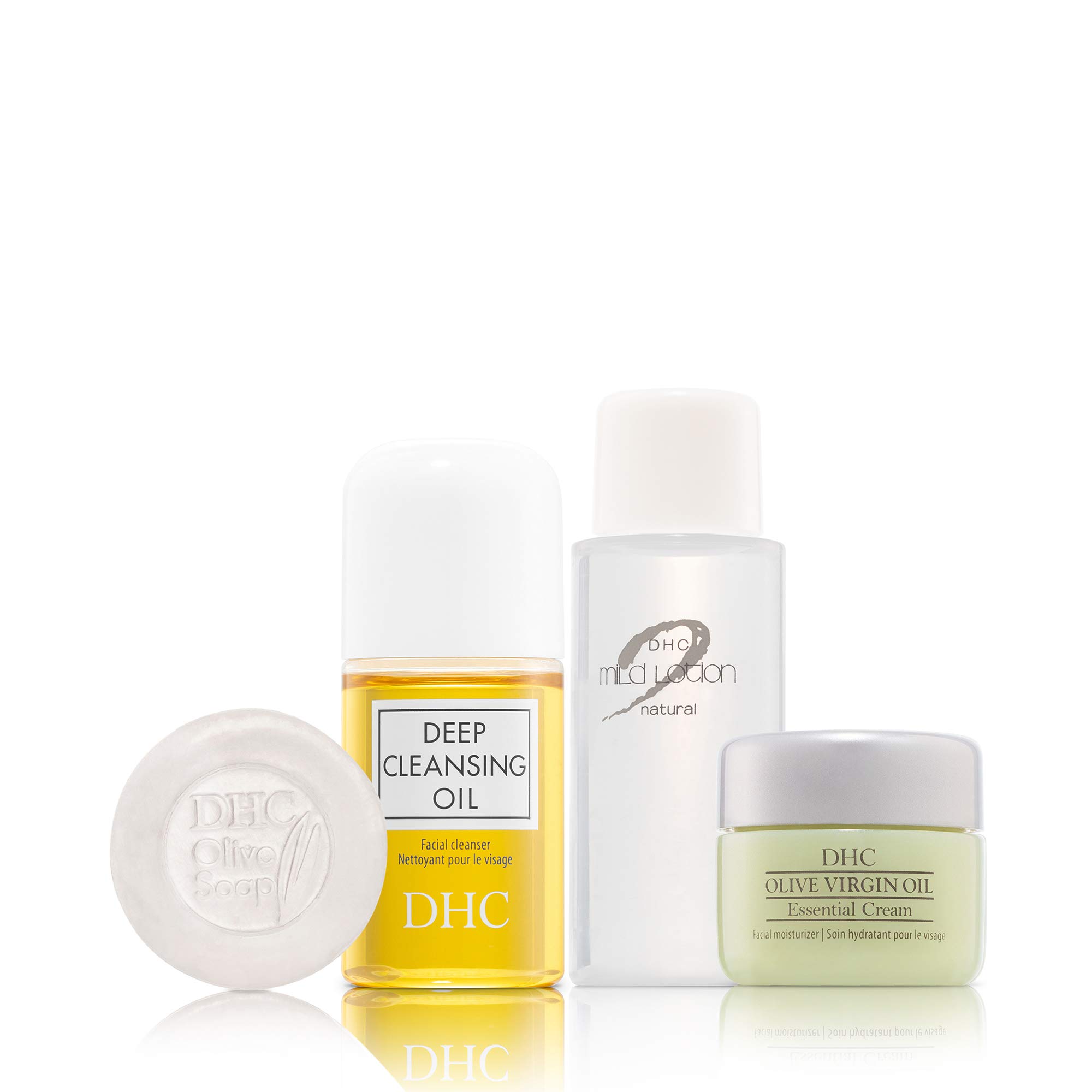 DHC Hydrating Mini Set, including Deep Cleansing Oil Mini, Olive Soap Mini, Mild Lotion Mini, and Olive Virgin Oil Essential Cream Mini