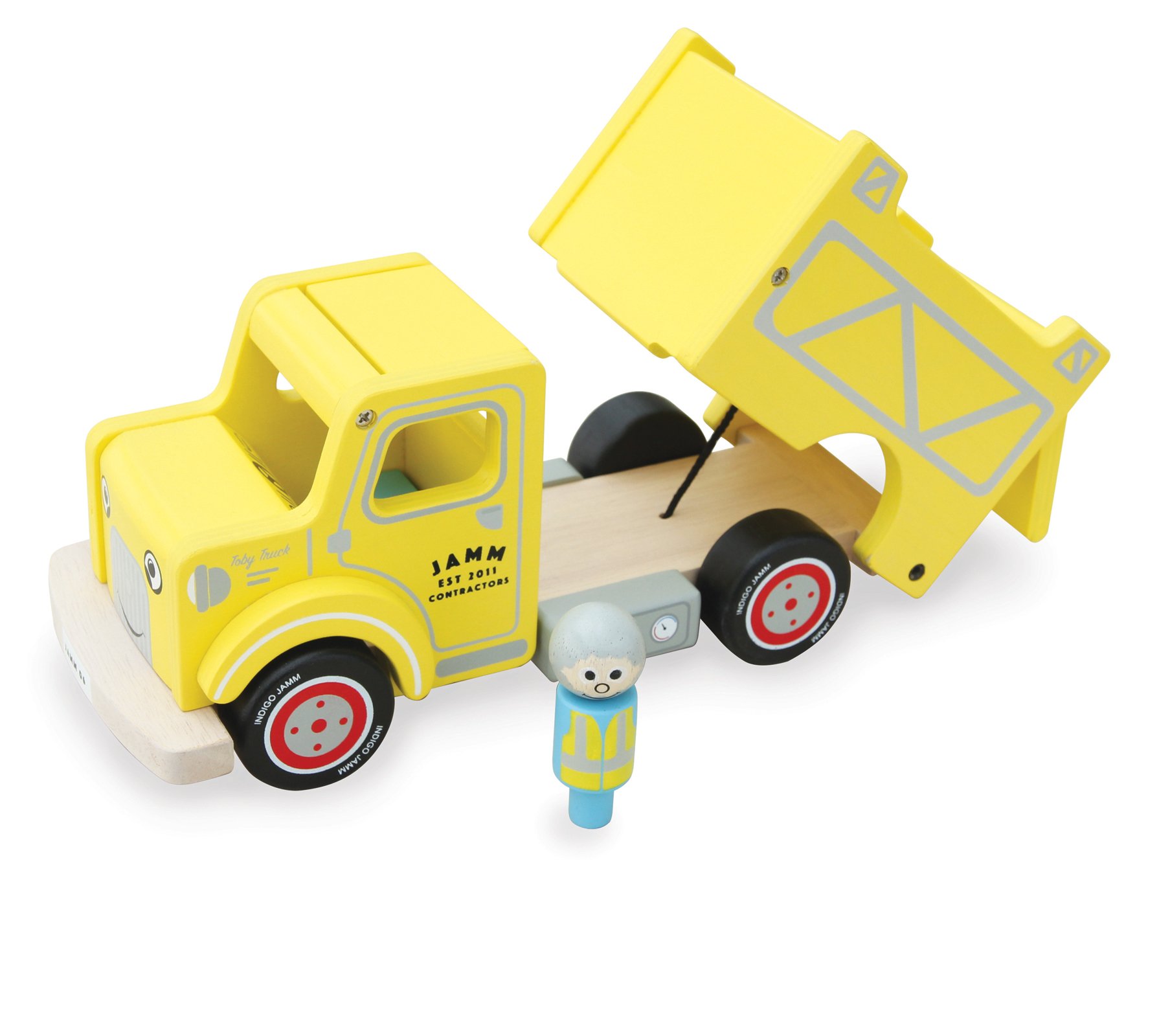 Indigo Jamm Toby Truck, Retro Yellow Wooden tipper truck, lorry with Removable Driver for 18 months +